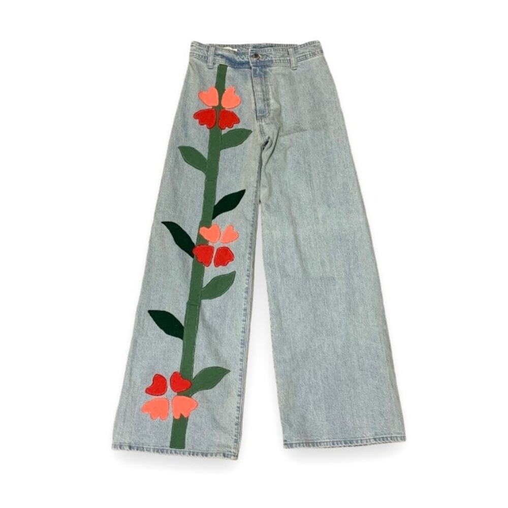 Custom Upcycled Boho Floral Patchwork Wide Leg Jeans Size 2
